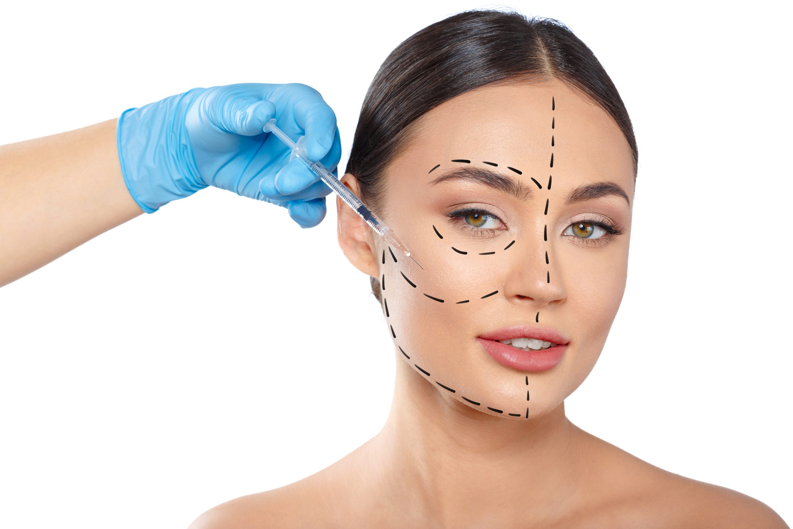 woman with dotted lines on face, cosmetology